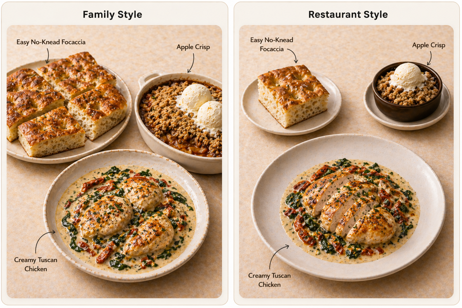 Family style and restaurant style plating guide for focaccia, creamy Tuscan chicken, and apple crisp