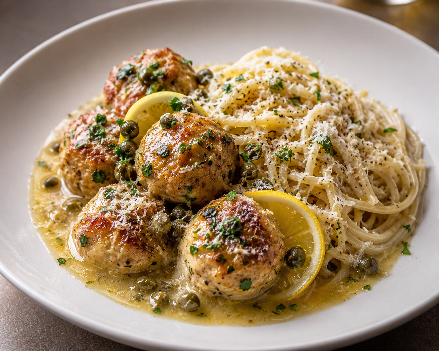 Restaurant style plated chicken piccata meatballs with cacio e pepe and lemon caper sauce