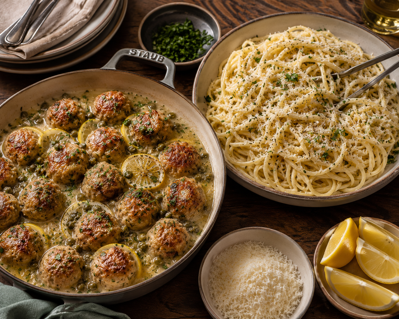 Family style plating guide for chicken piccata meatballs with cacio e pepe in a shallow bowl