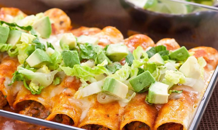chicken enchilada with red chili sauce