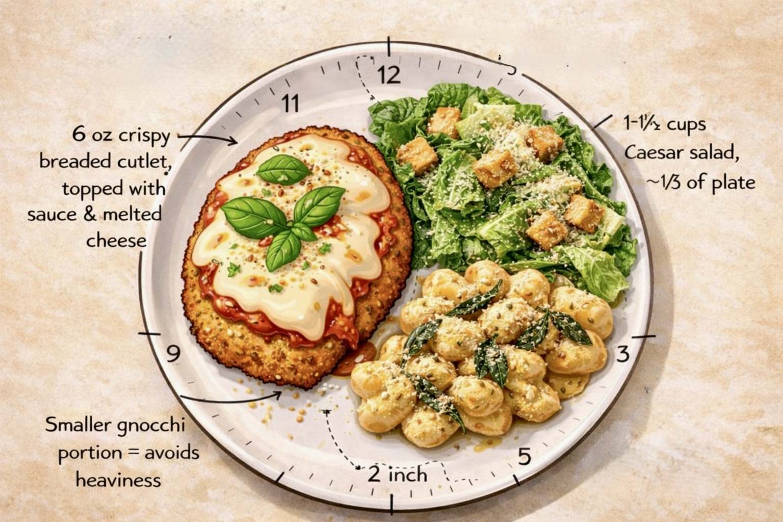 Family style clock-layout plating guide for chicken parm, gnocchi, and Caesar salad