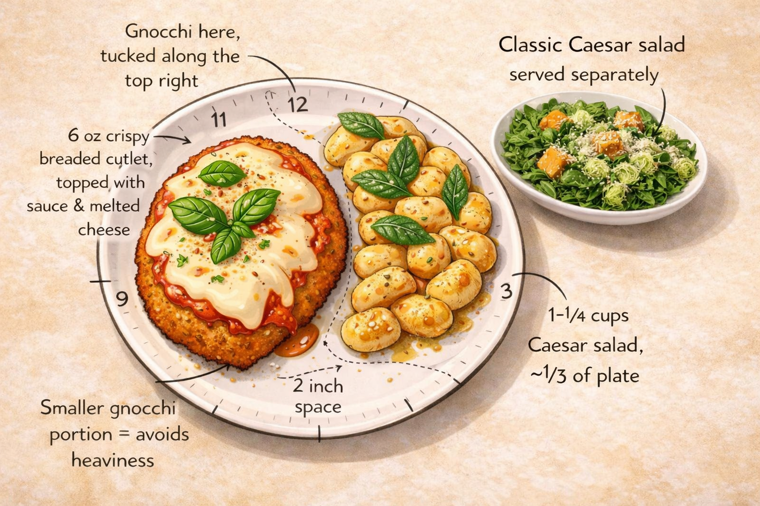 Restaurant style plated chicken parm with gnocchi and Caesar salad served separately
