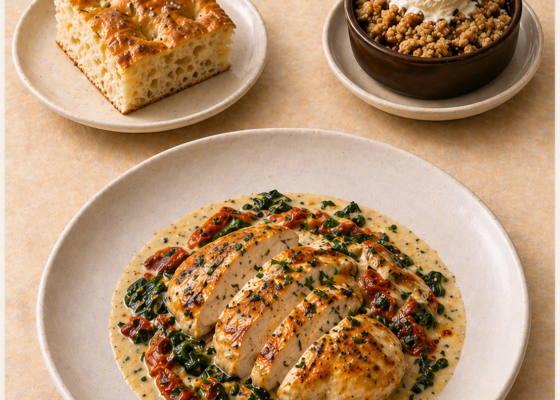 Focaccia, Creamy Tuscan Chicken and Apple Crisp