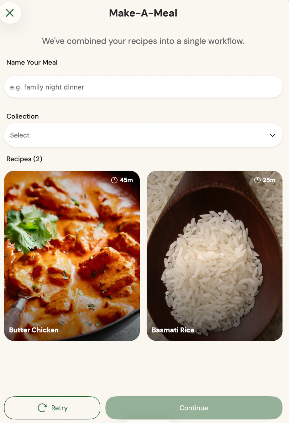 Review and name Make-A-Meal screen showing recipes and collection selection.