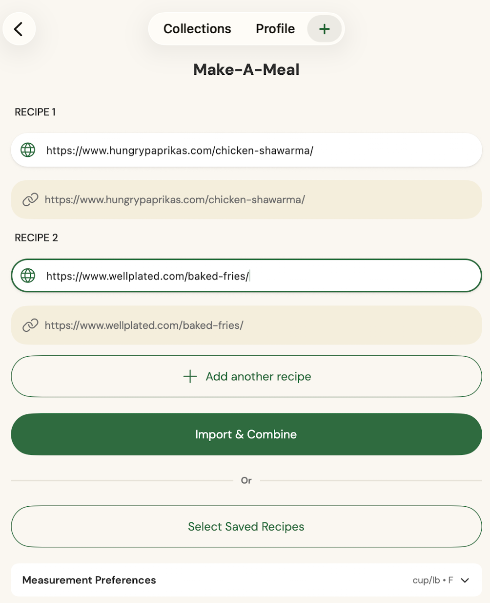 Make-A-Meal screen with recipe URL fields and Select Saved Recipes button.