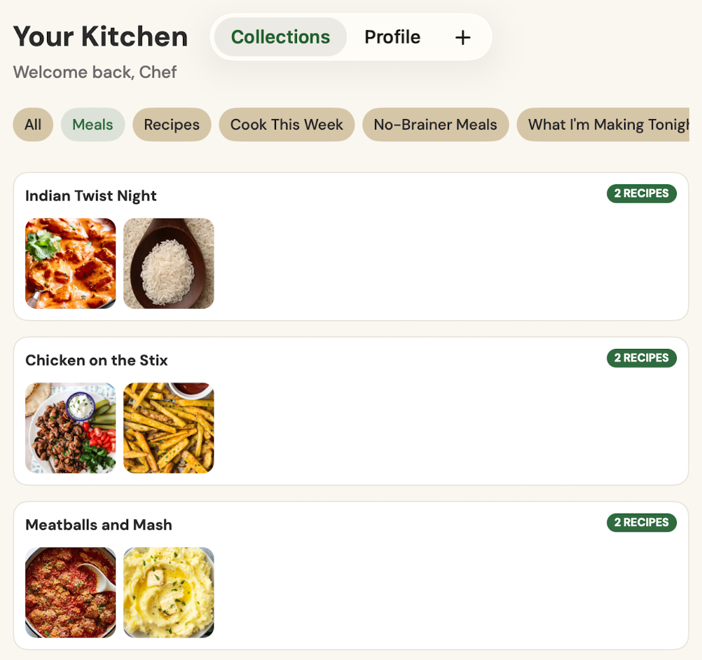Saved Make-A-Meal collection screen showing meal cards.