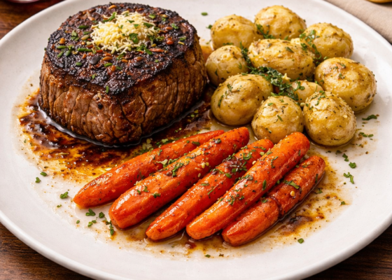 Filet Mignons with Turned Potatoes, Maple Butter Carrots and Lava Cake