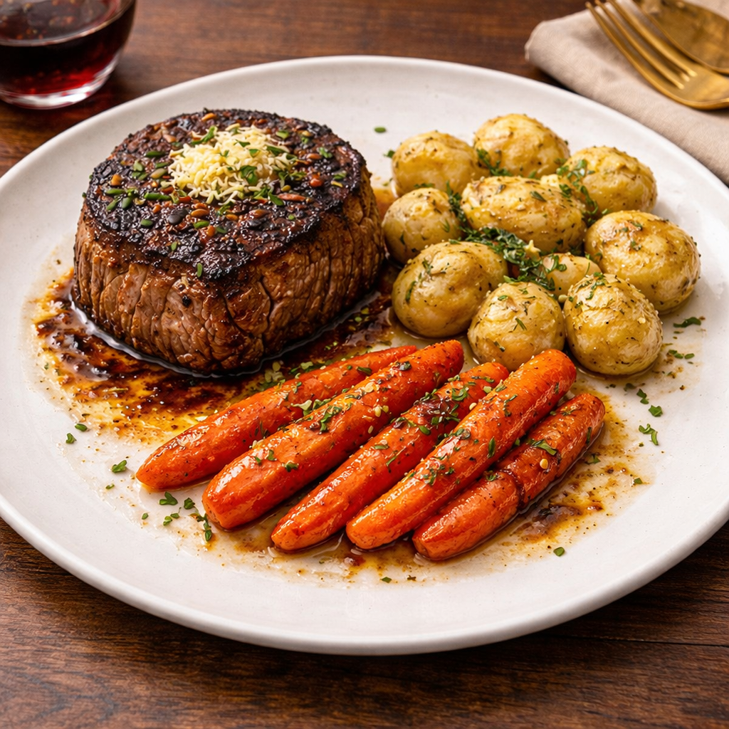 Filet Mignons with Turned Potatoes, Maple Butter Carrots