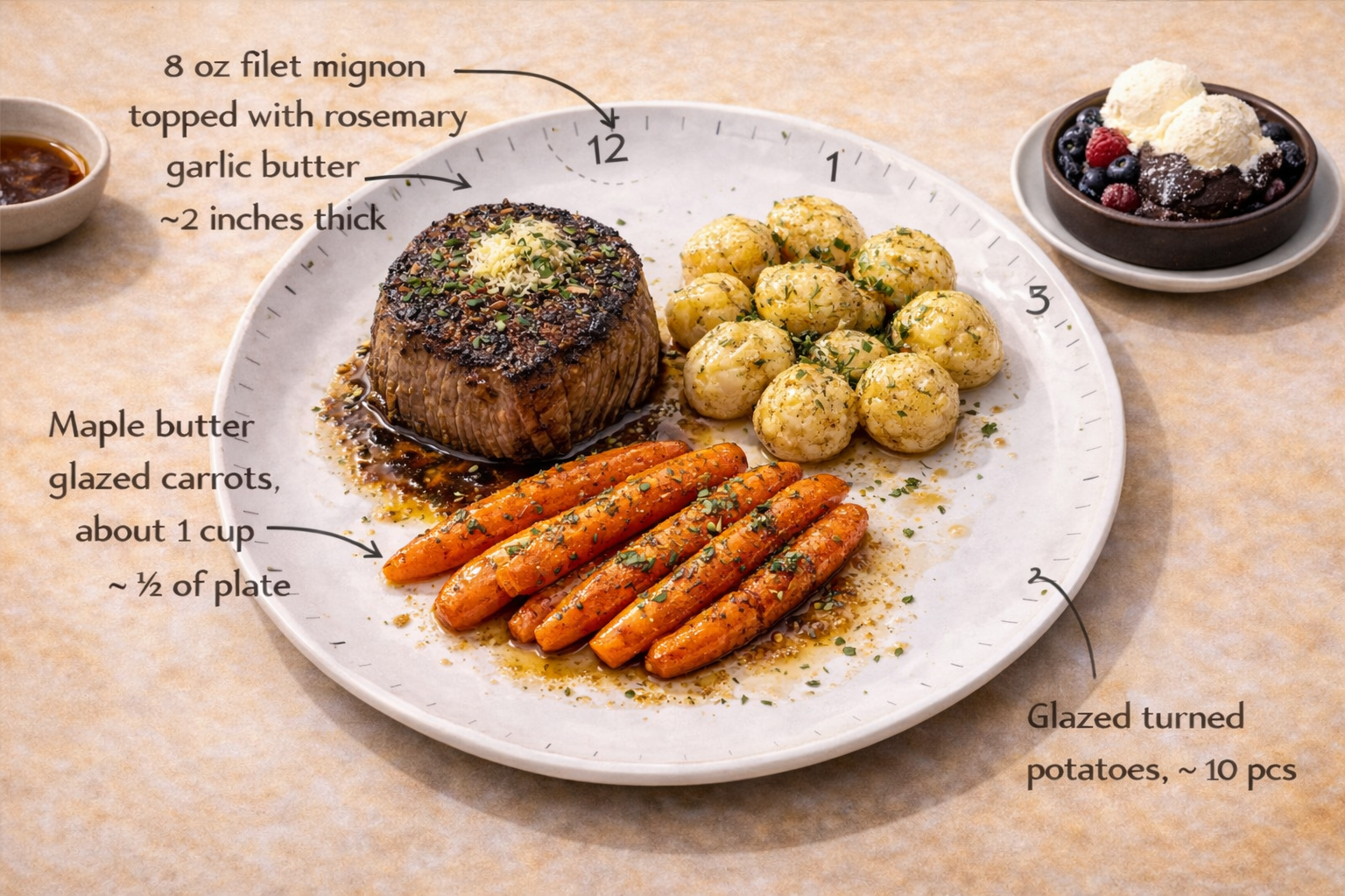 Family style clock-layout plating guide for filet mignon, turned potatoes, maple glazed carrots, and lava cake